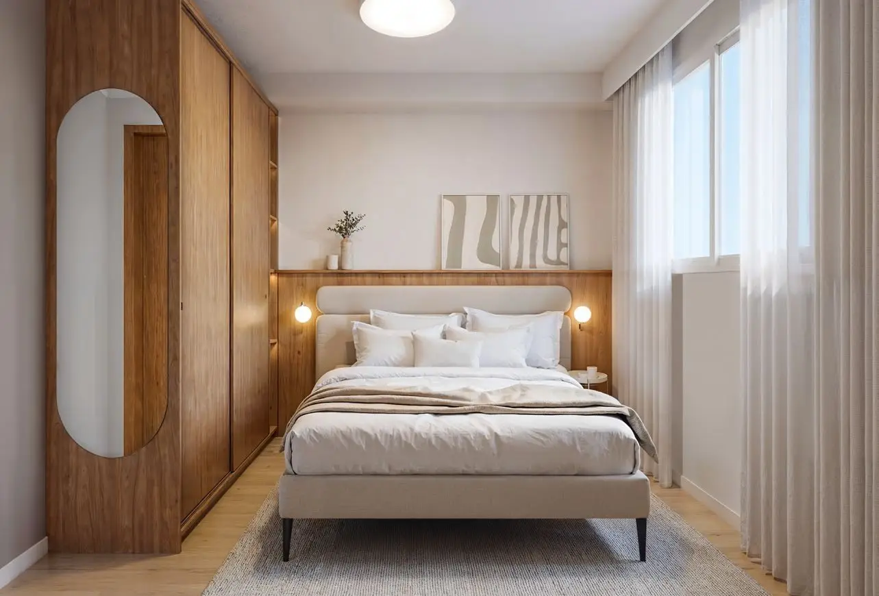 Quarto de casal decorado, render