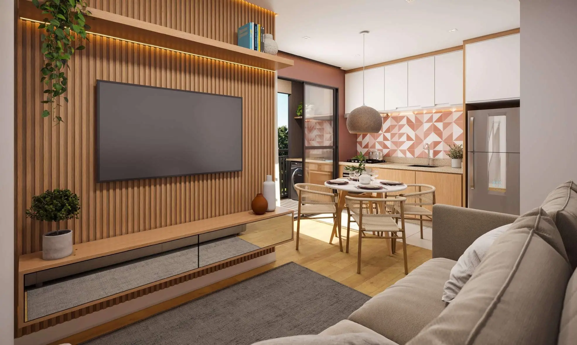 Sala de estar decorada com painel de TV, render