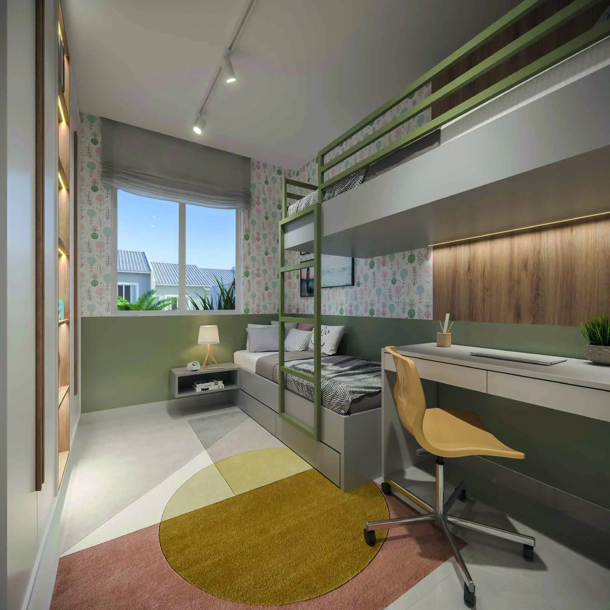 Quarto e escritório, render
