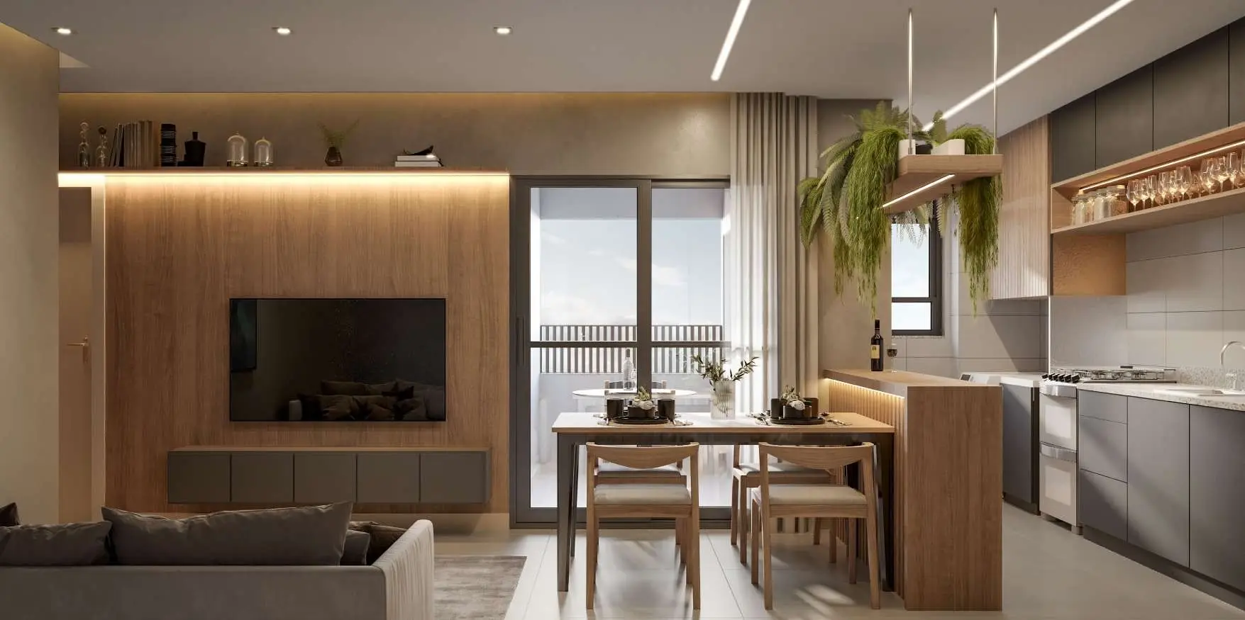 Sala com a cozinha, render