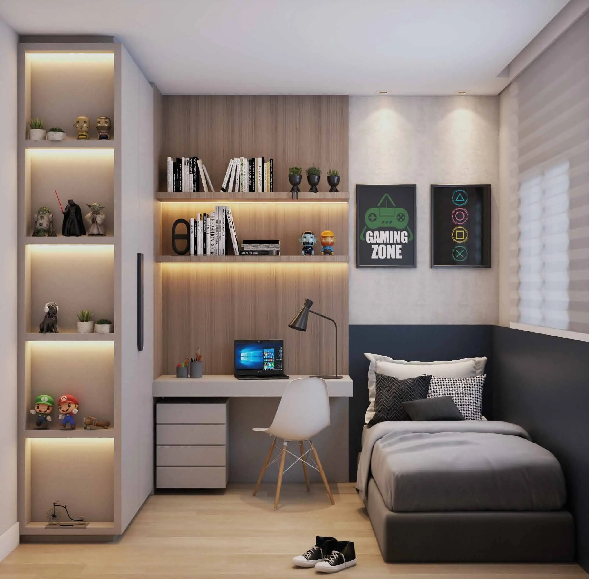 Quarto e escritório, render