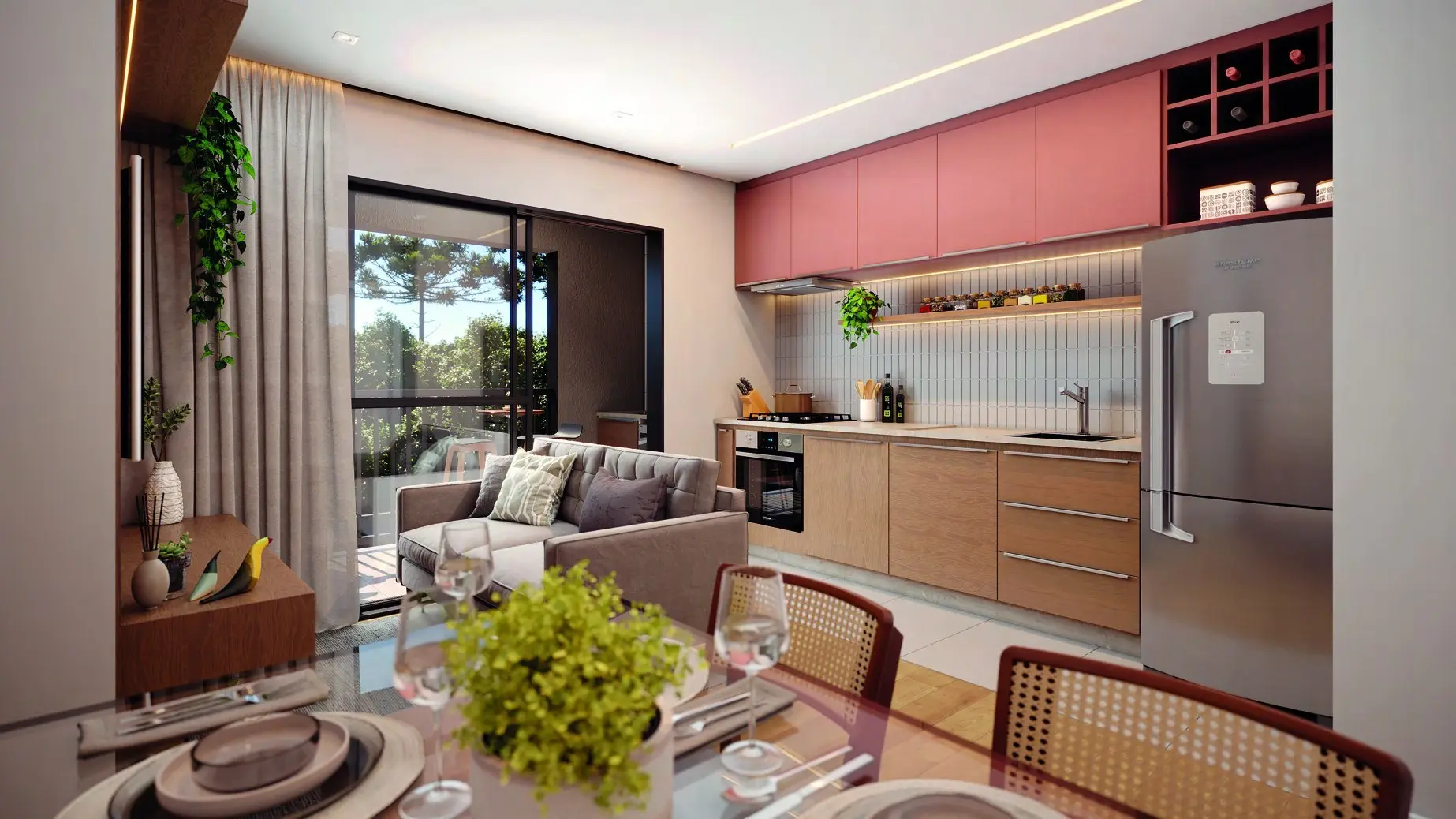 Sala com a cozinha, render