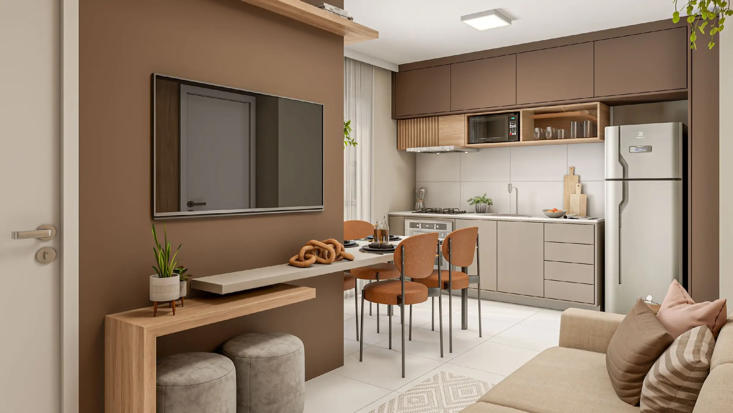 Sala e cozinha integradas, render
