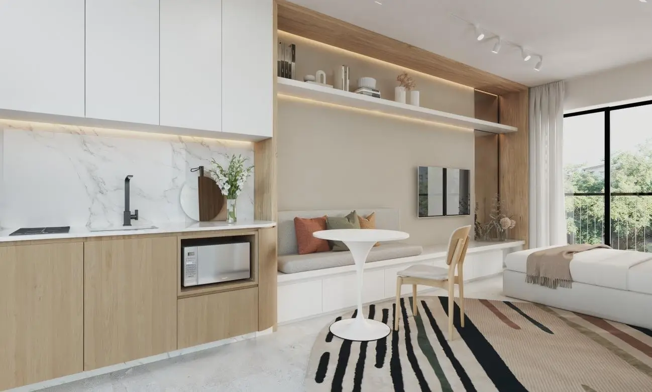 Studio com cozinha, render