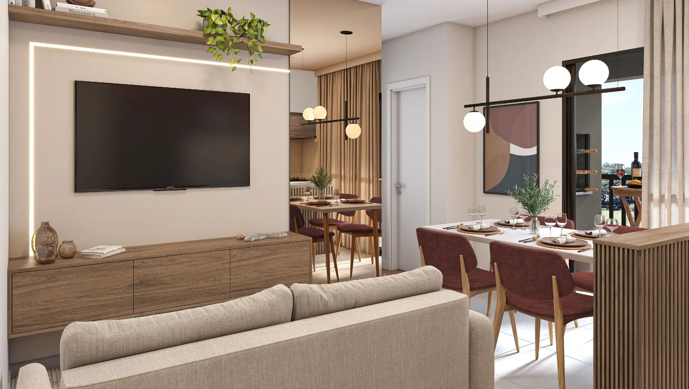 Sala de estar e jantar, render