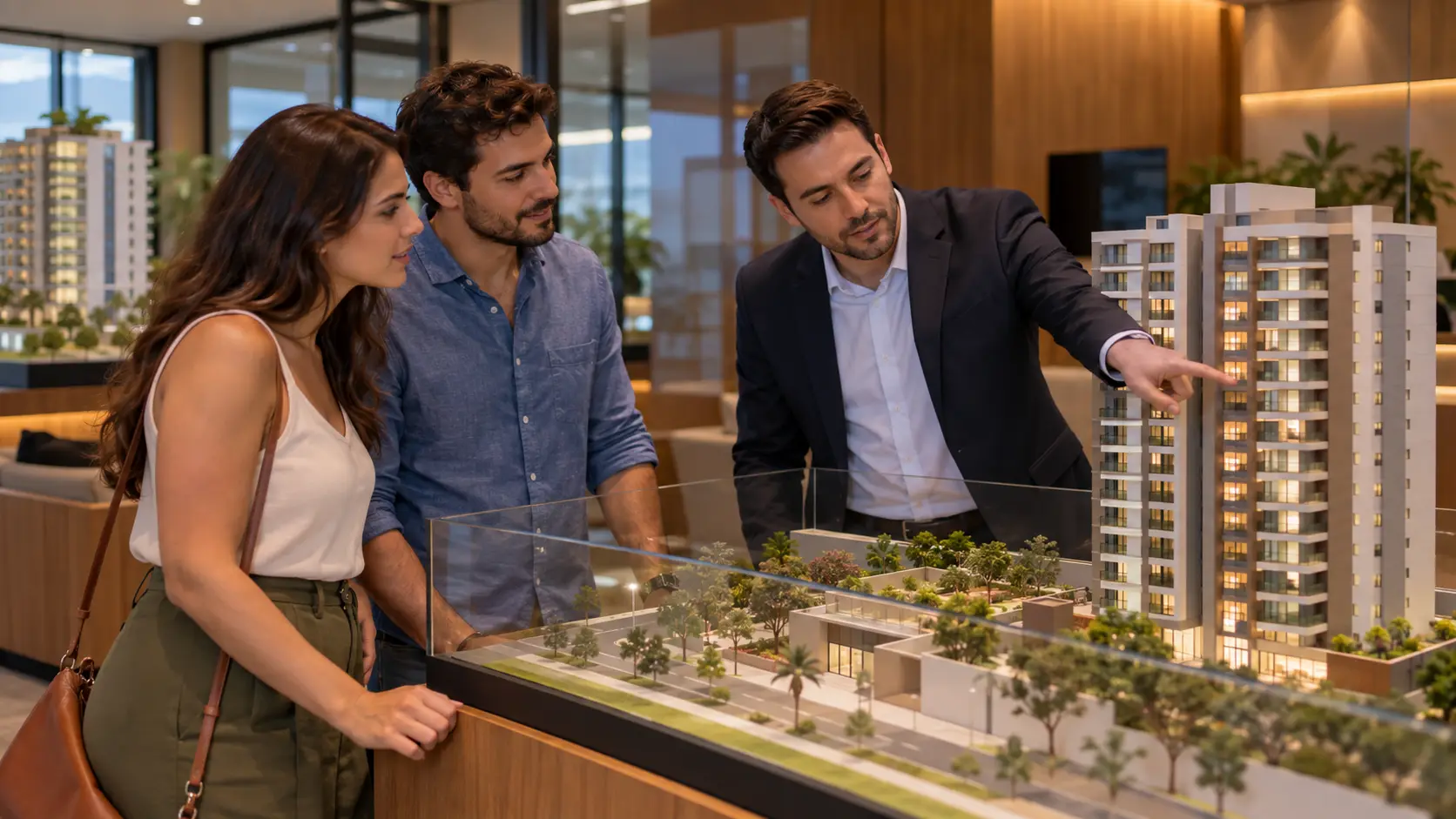 Casal e corretor olhando a maquete de um prédio no estande de vendas