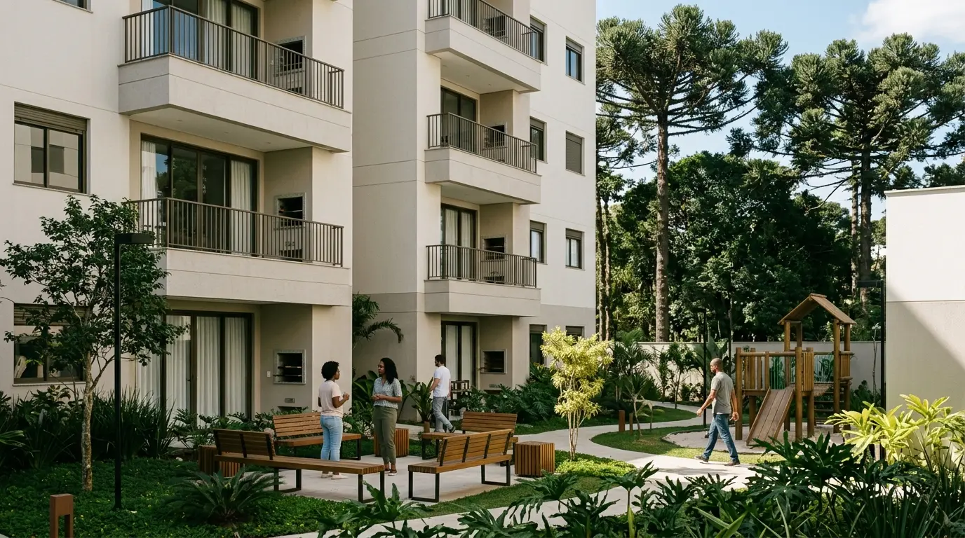 Condomínio residencial com sacadas, jardim e playground, com araucárias ao fundo