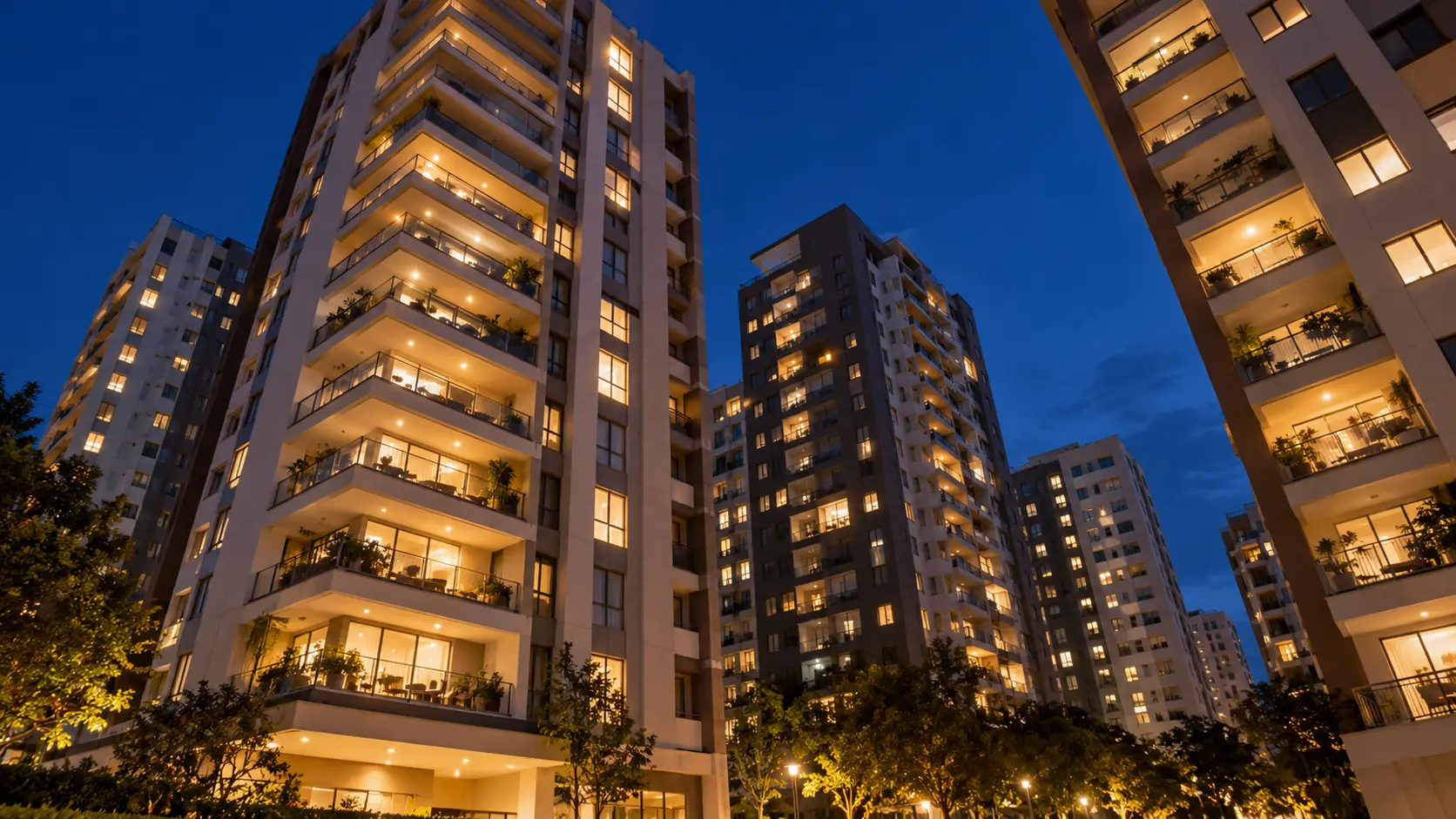 Prédios residenciais à noite, com muitas janelas acesas