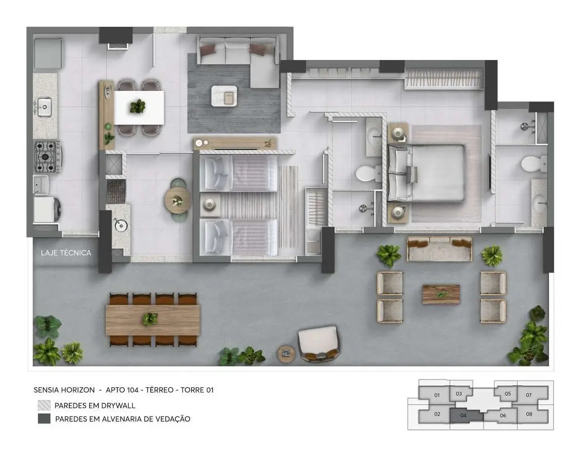 Planta: Térreo com terraço · 2 quartos, sendo 1 suíte