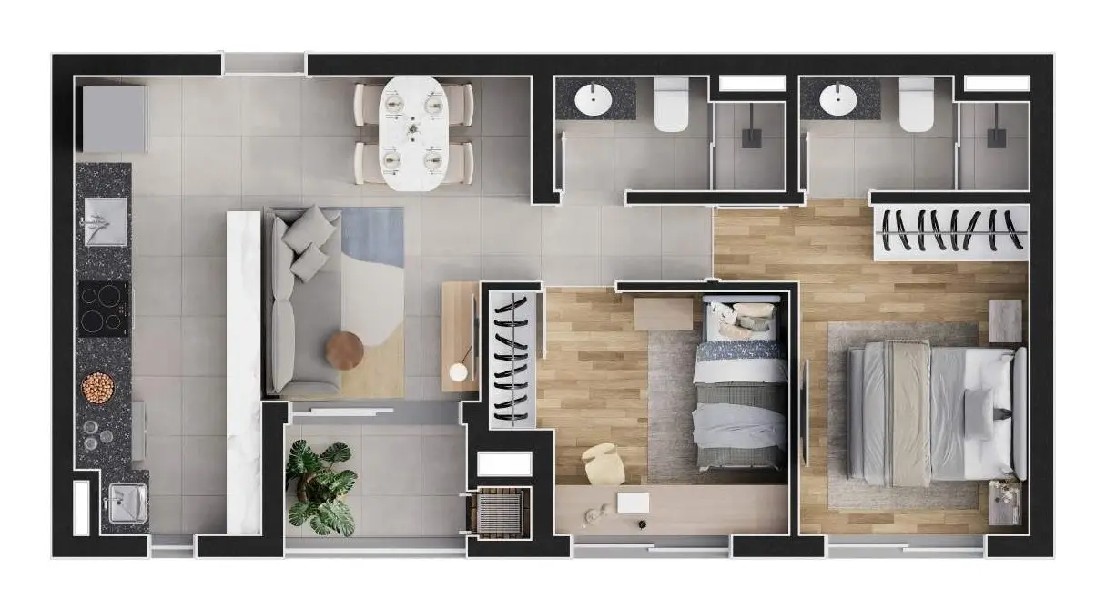Planta: 2 quartos com suíte · 52,88 m²