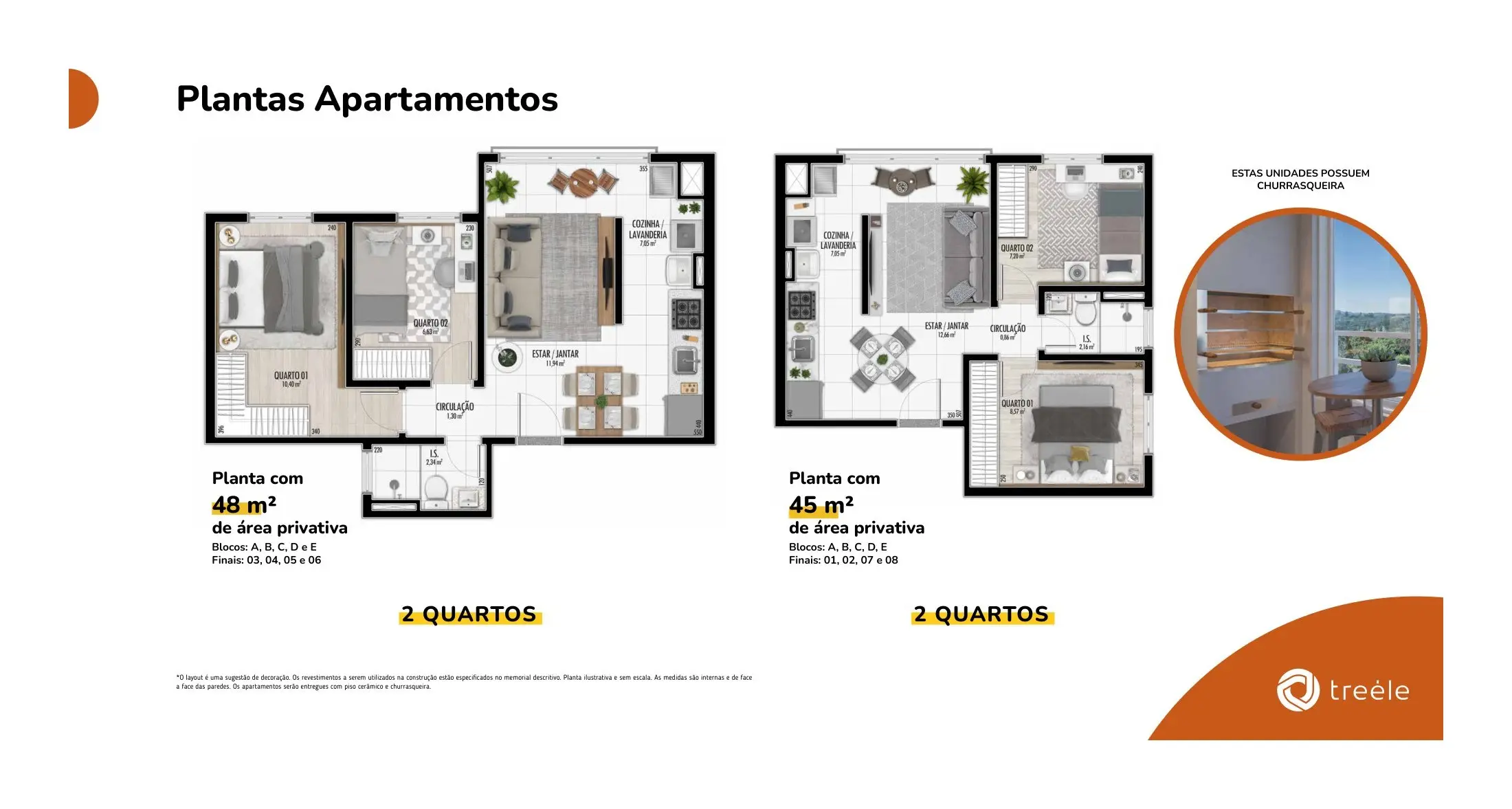 Plantas de 2 quartos com 45 e 48 m²