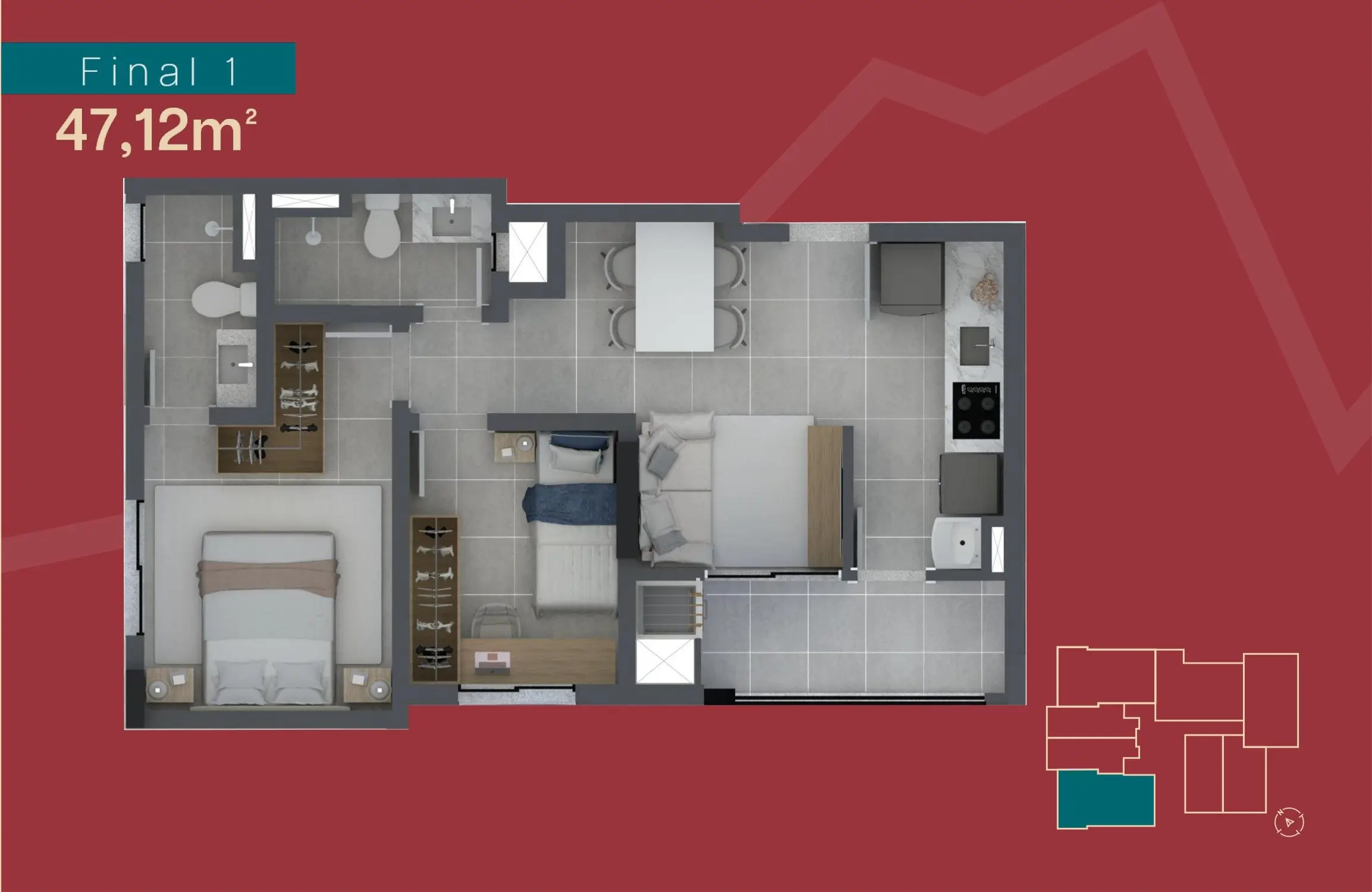 Planta: 2 quartos com suíte · 47,12 m²