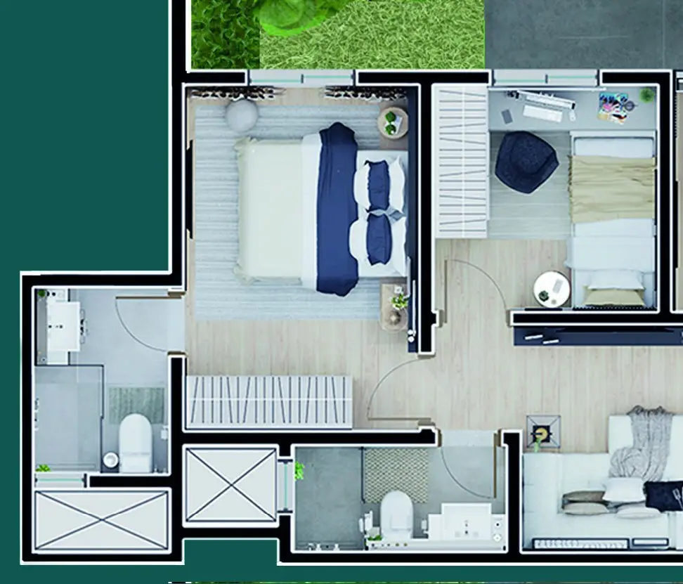 Planta: 2 quartos com suíte · 56 m²