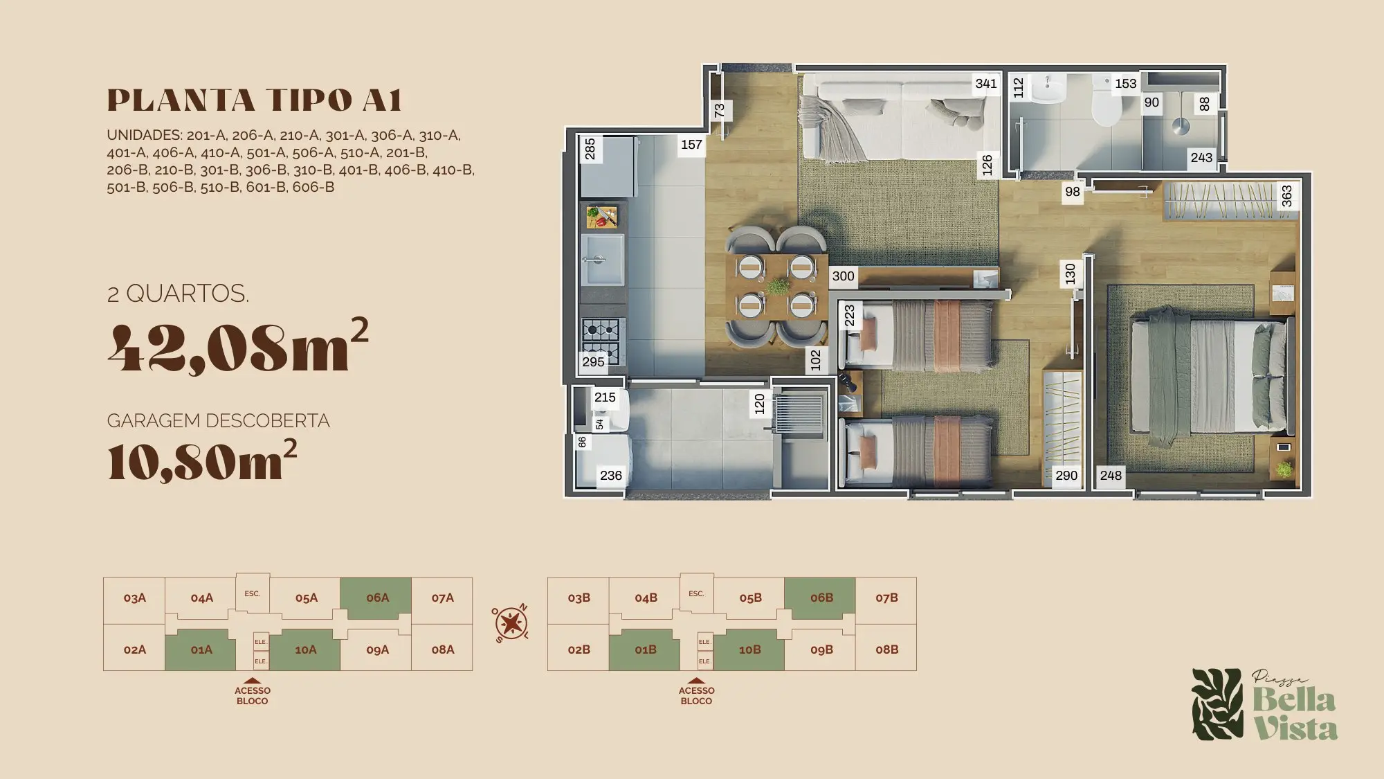 Planta tipo A1, 2 quartos com 42,08 m²