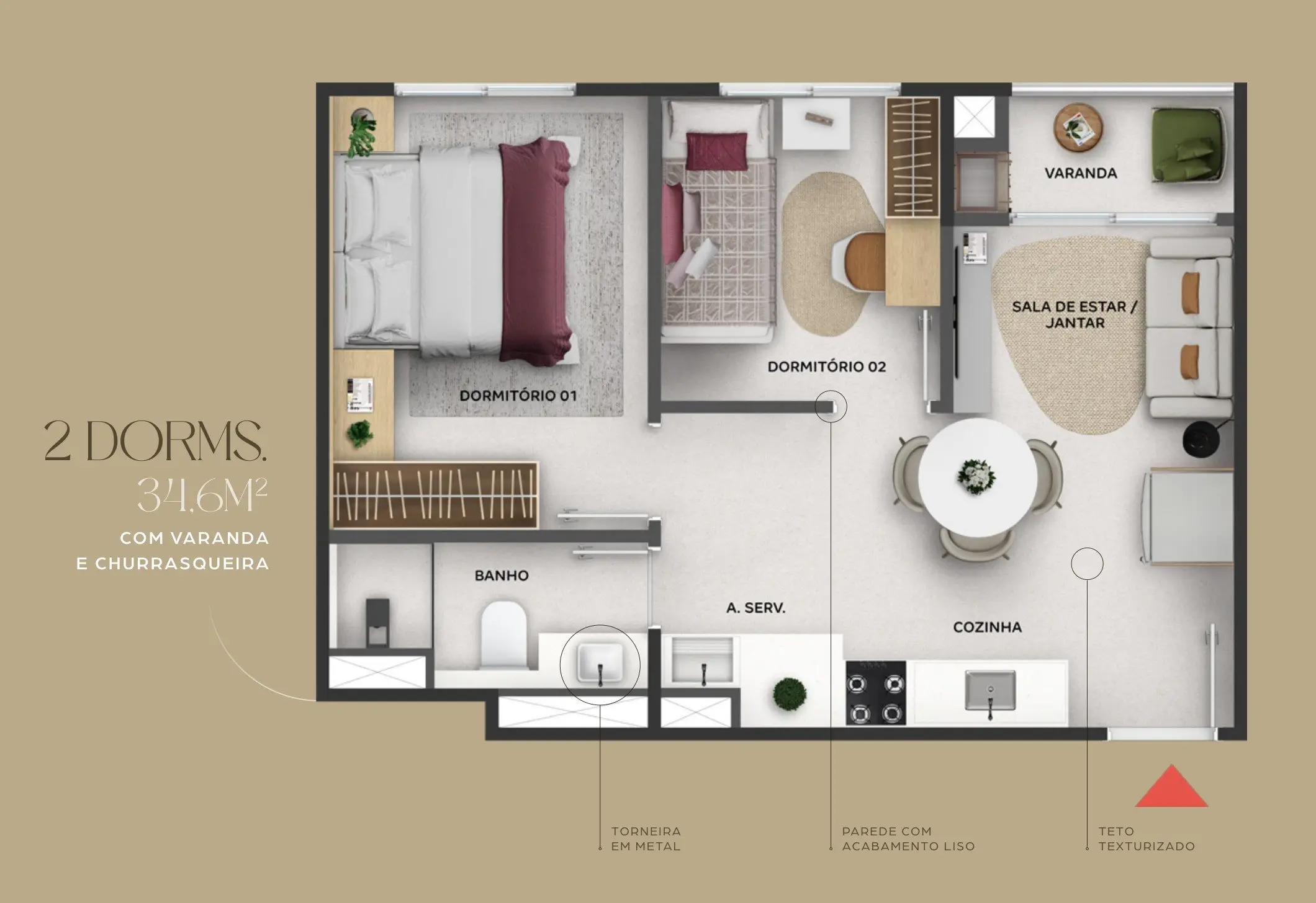 Planta: 2 quartos com varanda e churrasqueira · 34,6 m²