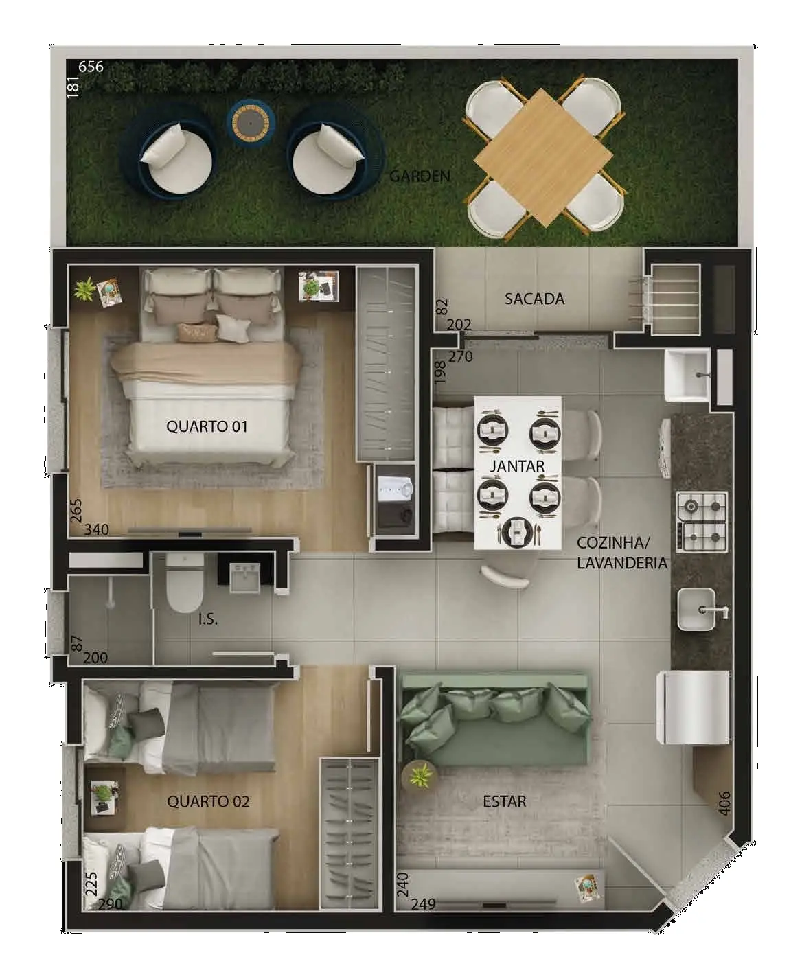 Planta: 2 quartos com garden