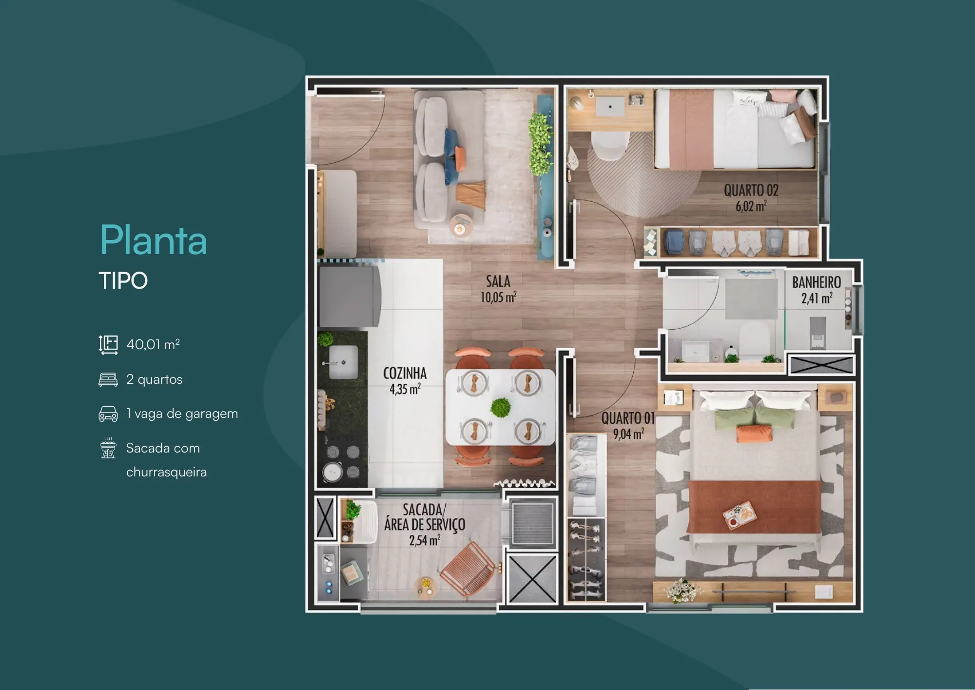 Planta do apartamento de 2 quartos com 40,01 m²