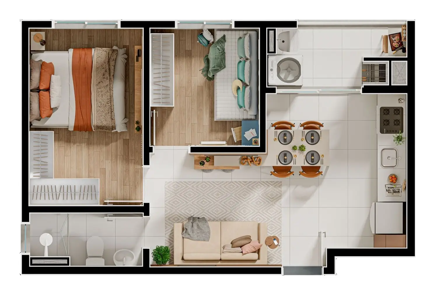 Planta: Apartamento tipo · 44 m² · quarto, ateliê e sacada com churrasqueira