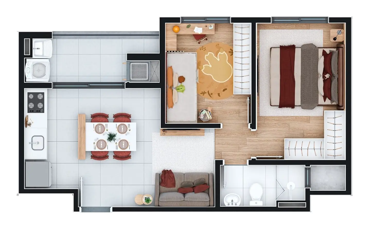 Planta: Apartamento de meio · 44 m² · quarto, ateliê e sacada com churrasqueira