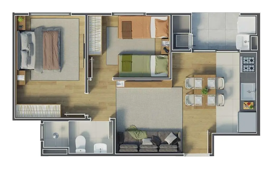 Planta do apartamento de 2 quartos com 42,08 m²
