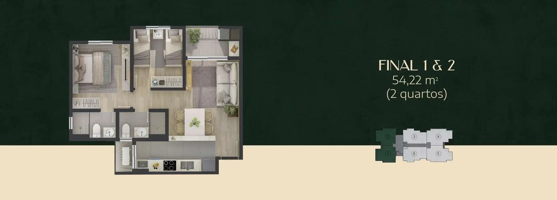 Planta: 2 quartos · 54,22 m²