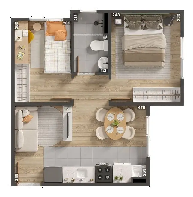 Planta: 2 quartos · 35,74 m²