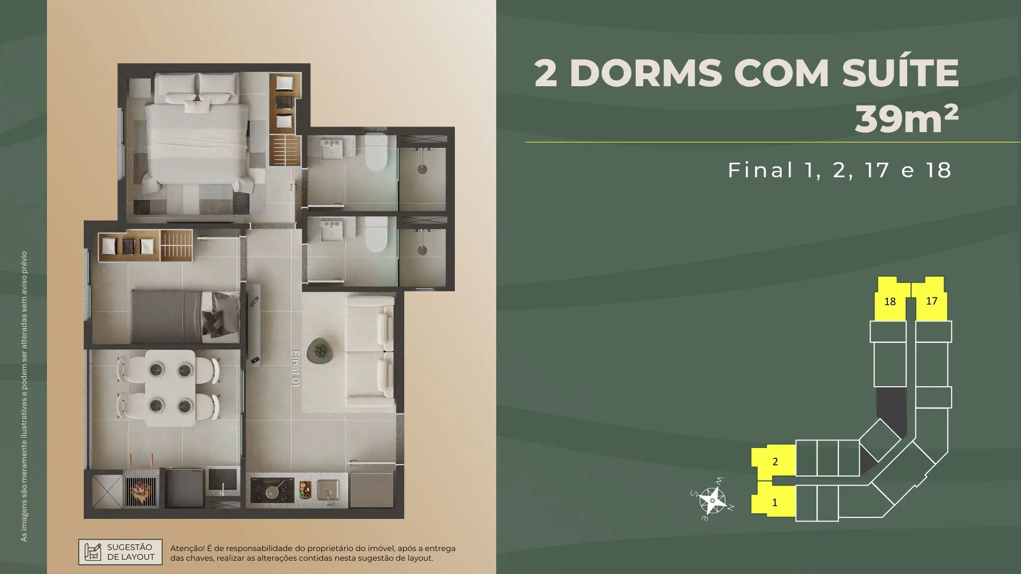 Planta de 2 quartos com suíte, 39 m²