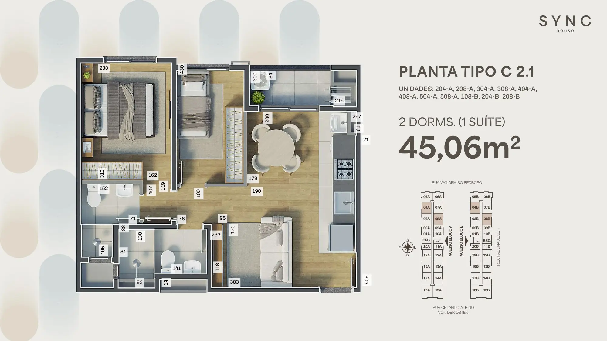 Planta tipo C, 2 quartos com suíte