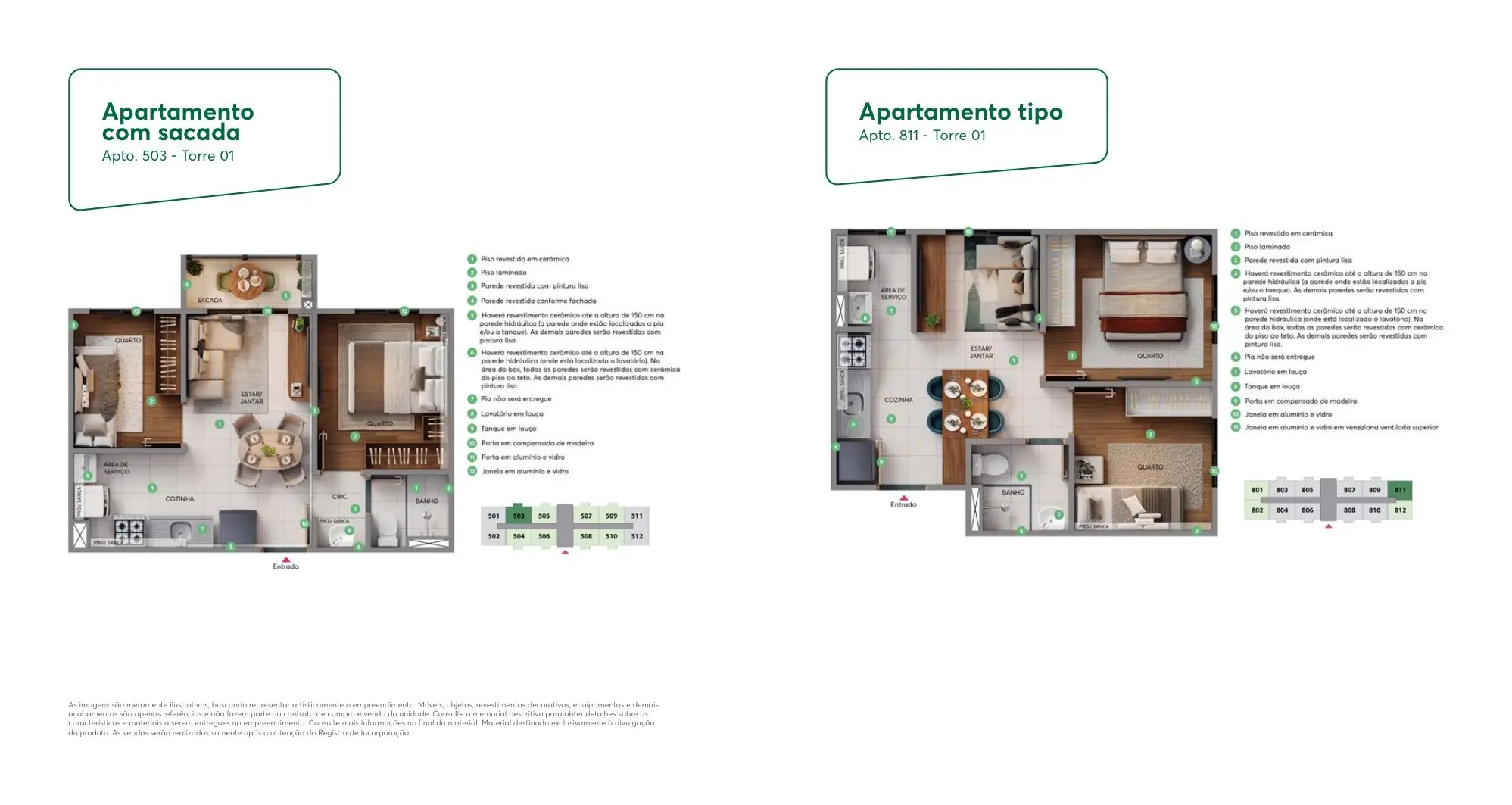 Plantas dos apartamentos com varanda e tipo