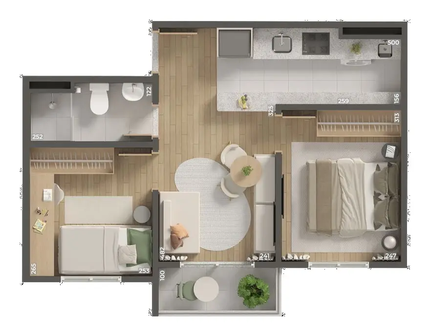 Planta do apartamento de 2 quartos com sacada