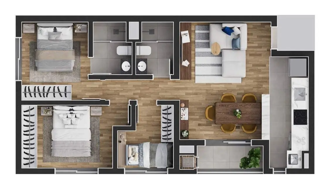 Planta: 3 quartos com suíte · 74,38 m²
