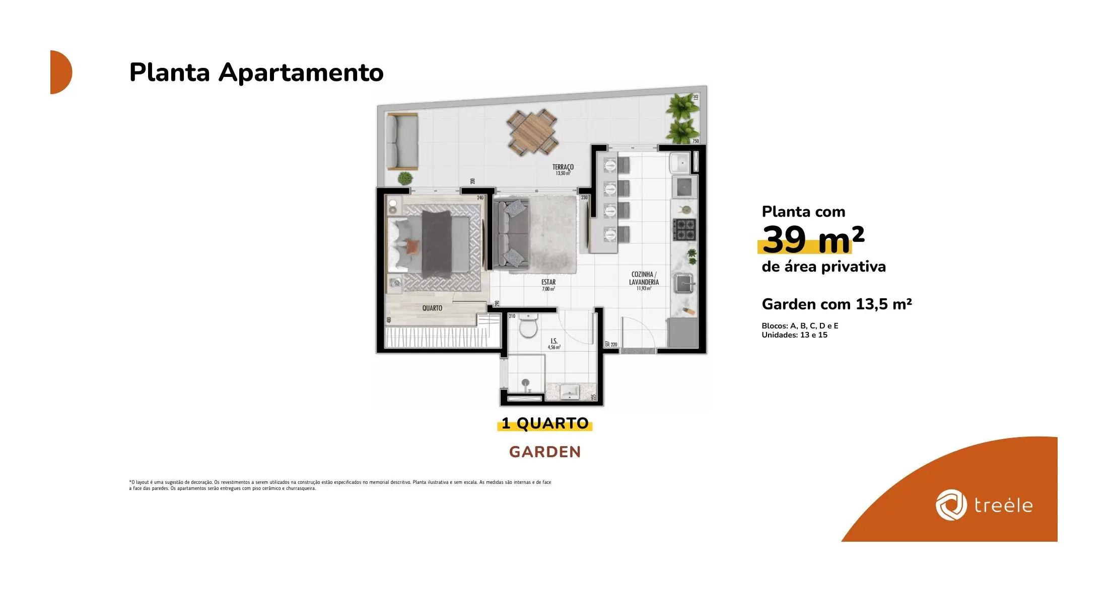 Planta de 1 quarto com garden