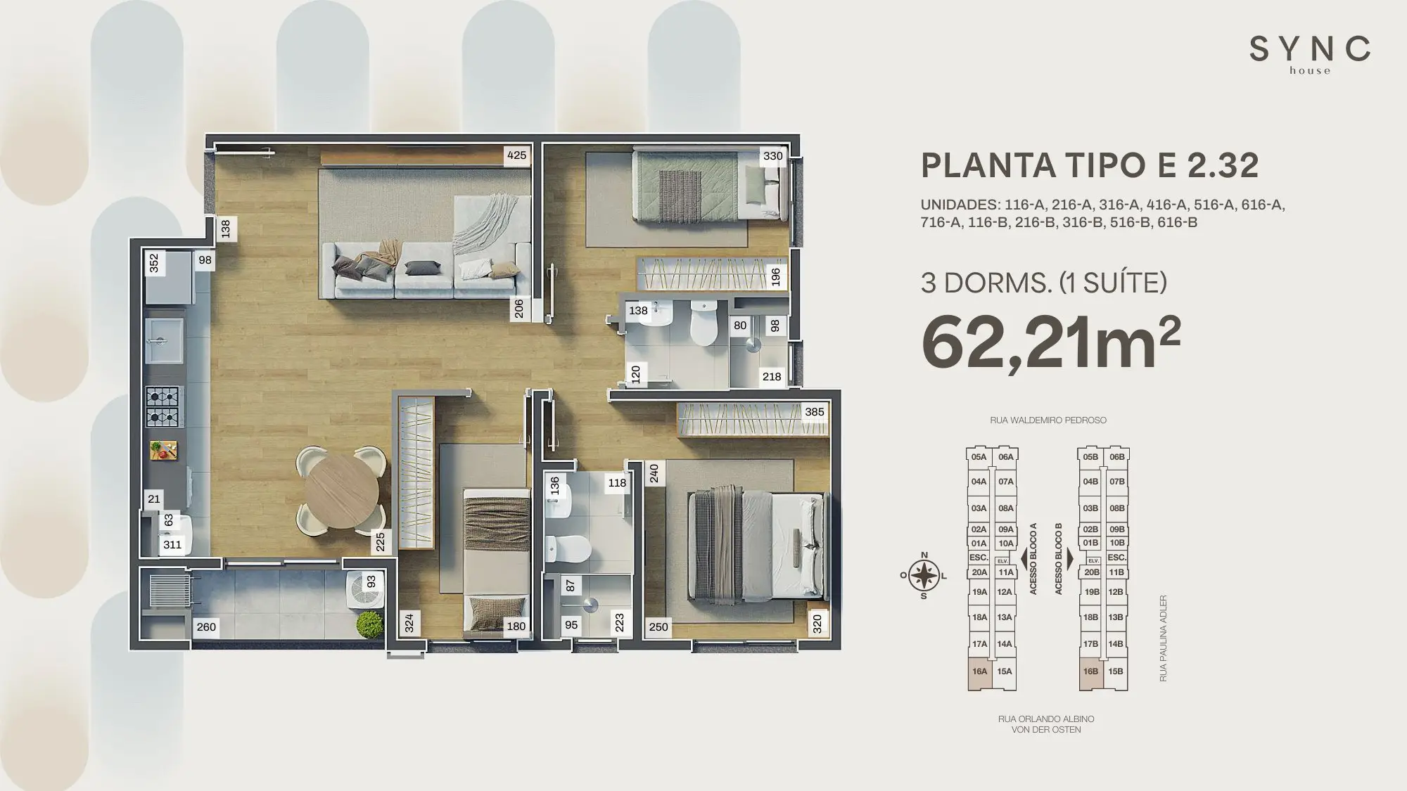 Planta tipo E, 3 quartos com suíte