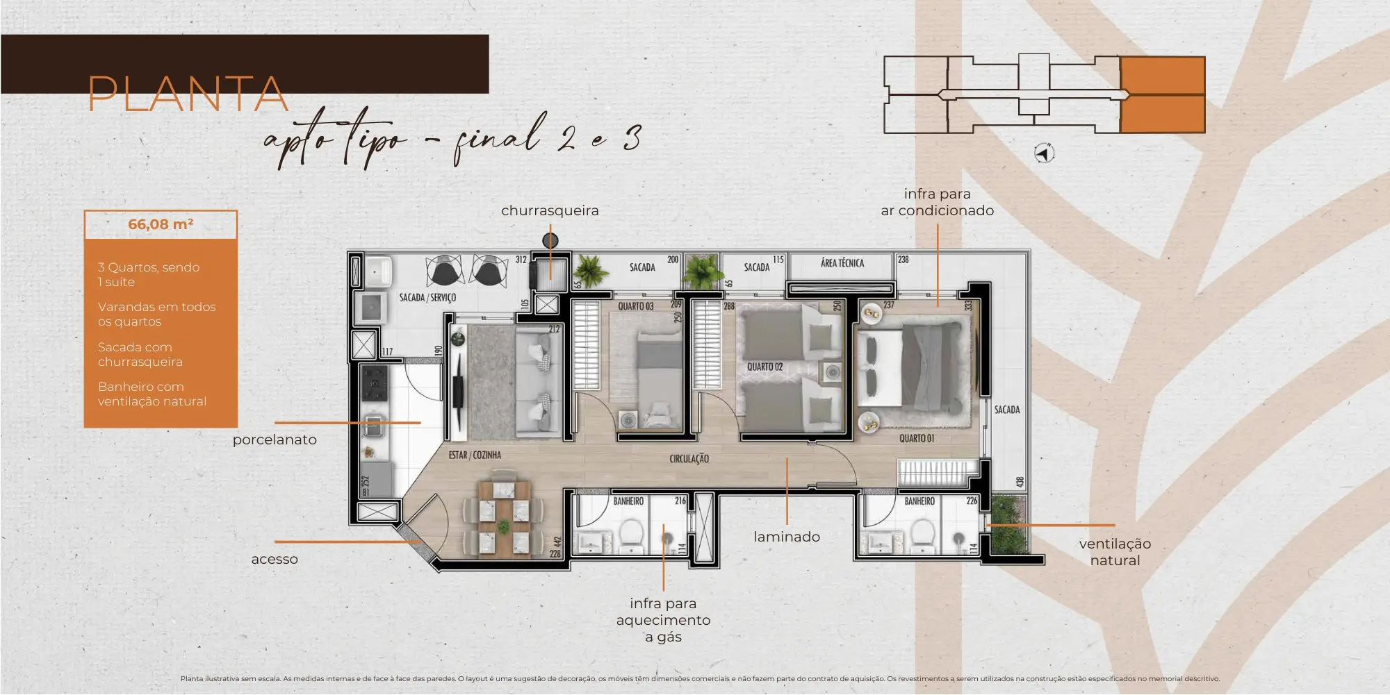 Planta de 3 quartos, finais 2 e 3