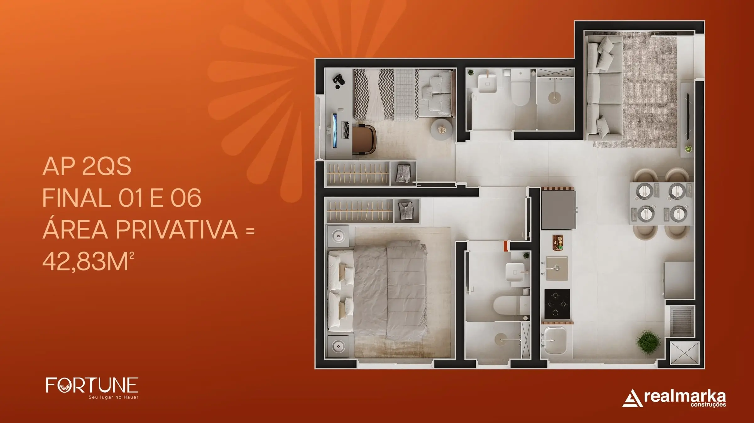 Planta: 2 quartos com suíte · 42,83 m²