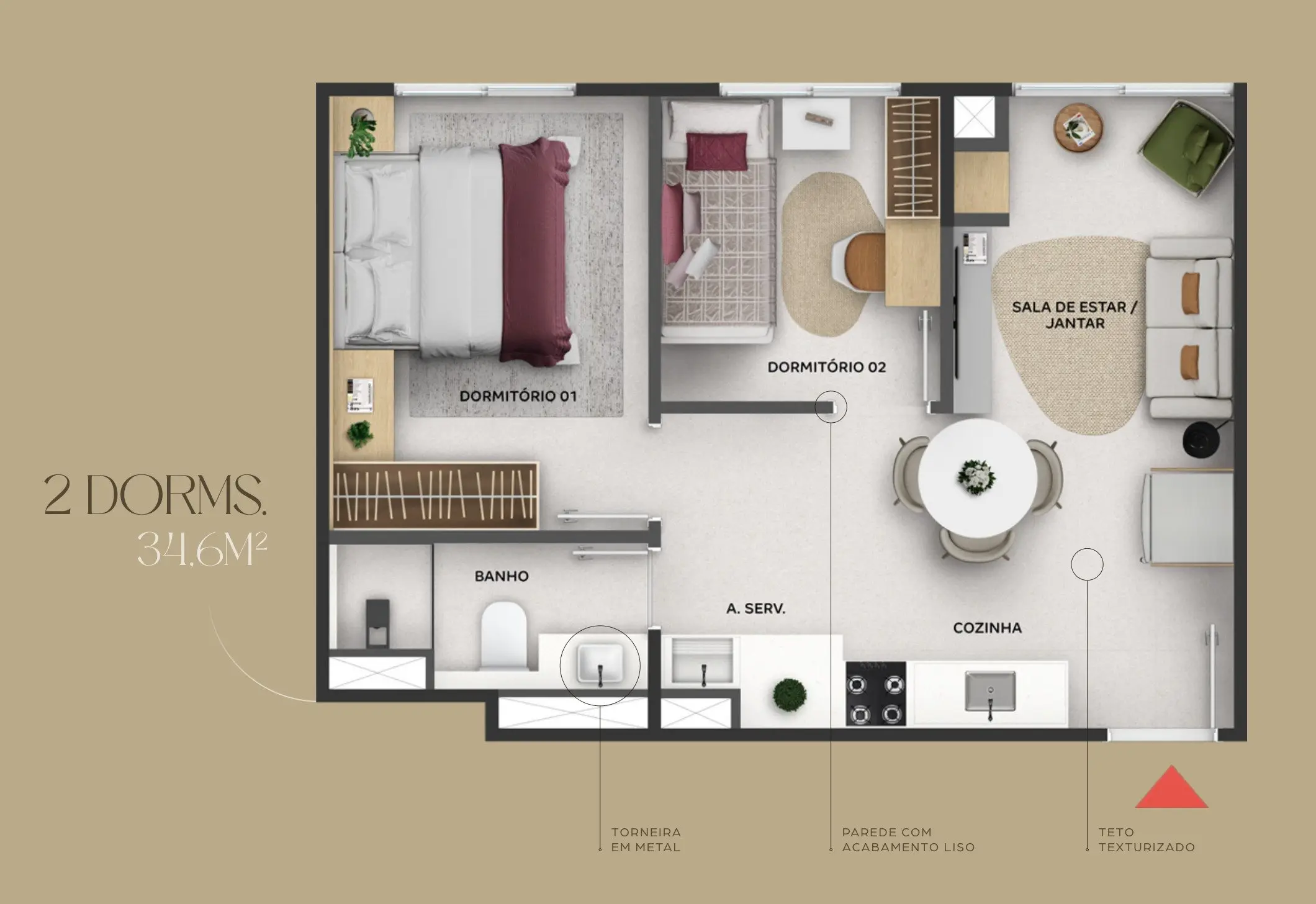 Planta: 2 quartos · 34,6 m²