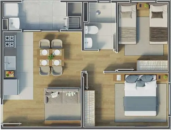 Planta do apartamento de 2 quartos com 43,06 m²