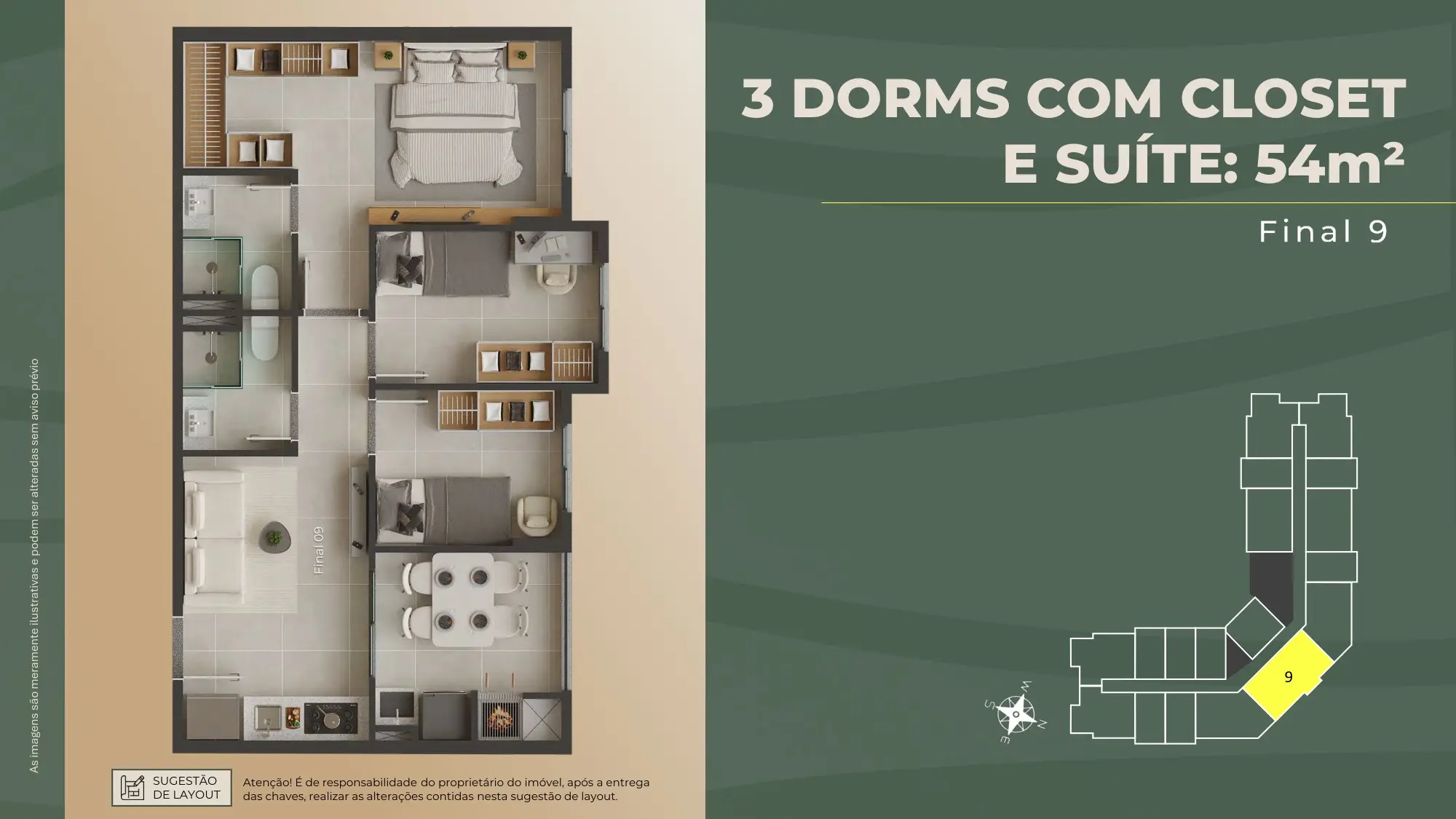 Planta de 3 quartos com suíte e closet, 54 m²