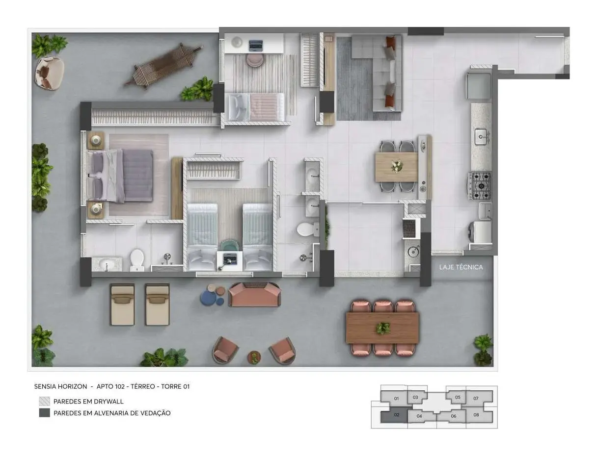 Planta: Térreo com terraço · 3 quartos, sendo 1 suíte