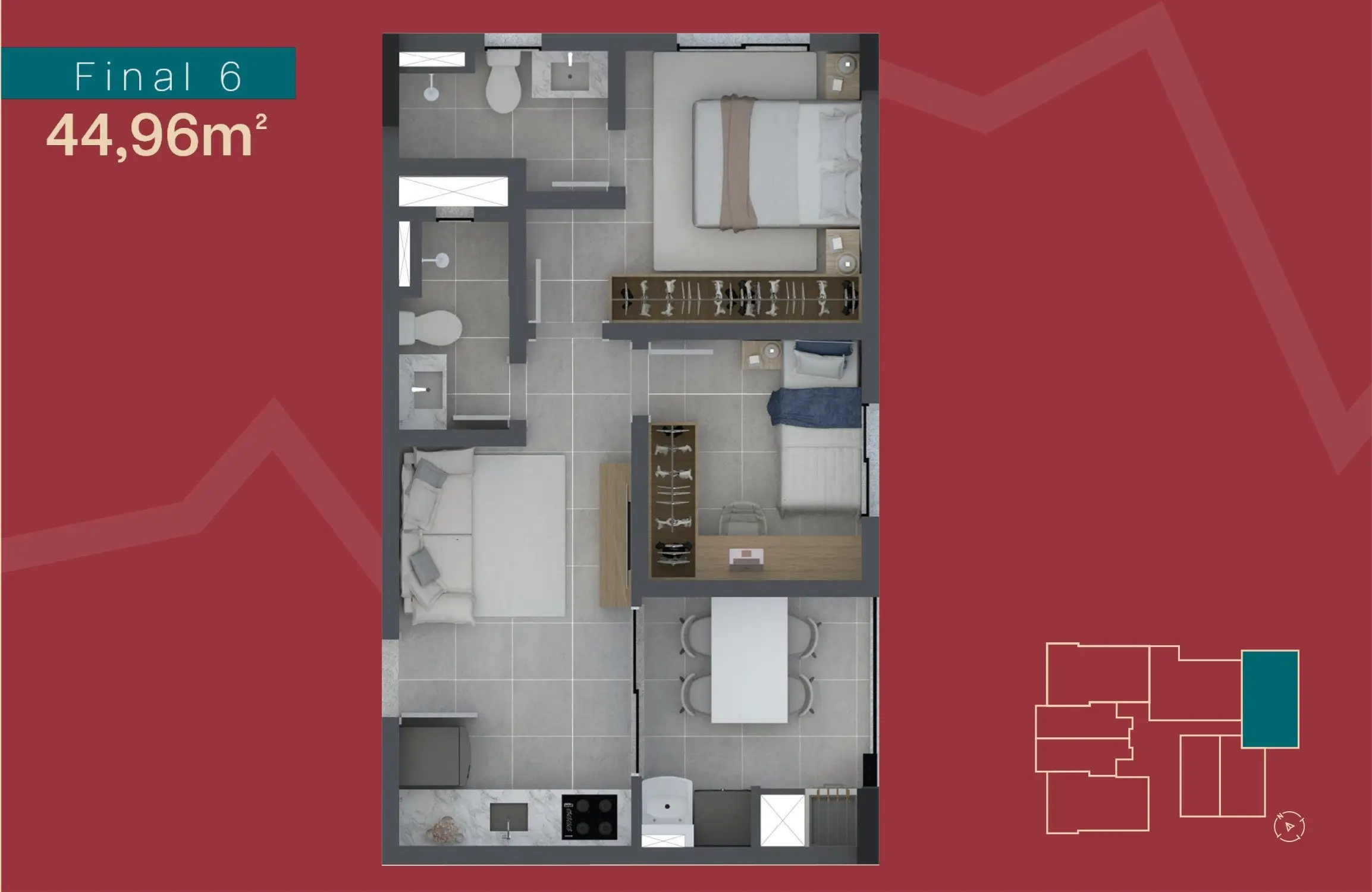 Planta: 2 quartos com suíte · 44,96 m²