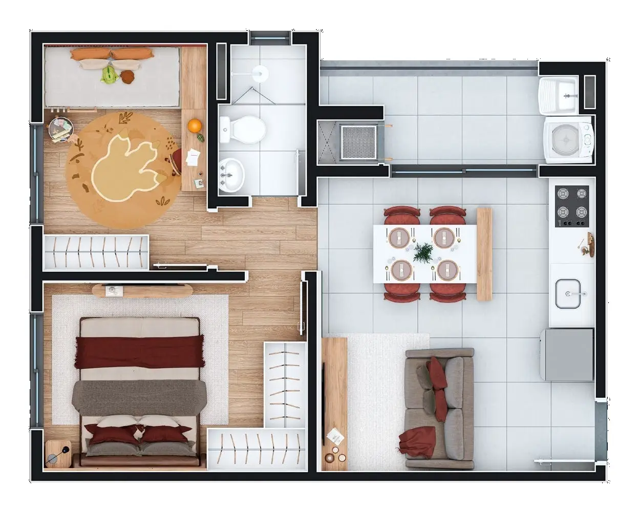 Planta: Apartamento de ponta · 44 m² · quarto, ateliê e sacada com churrasqueira