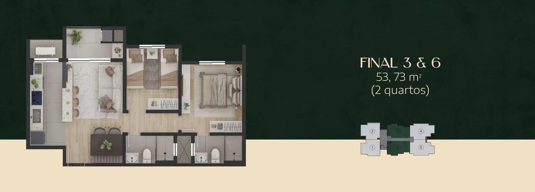 Planta: 2 quartos · 53,73 m²
