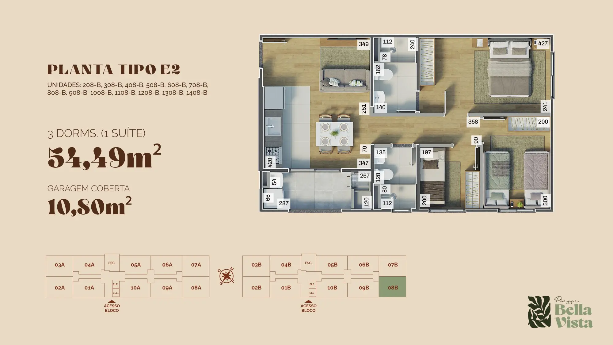 Planta tipo E2, 3 quartos com 54,49 m²