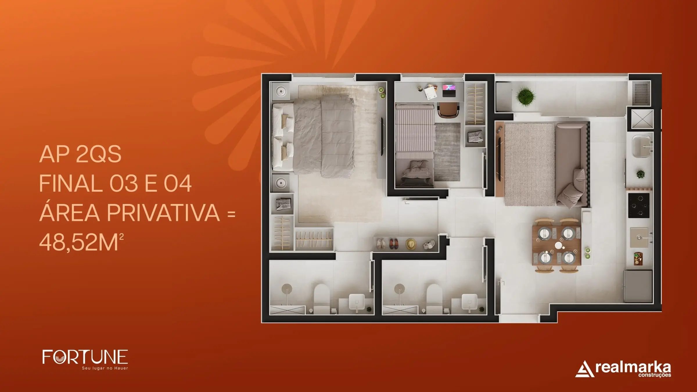 Planta: 2 quartos com suíte · 48,52 m²