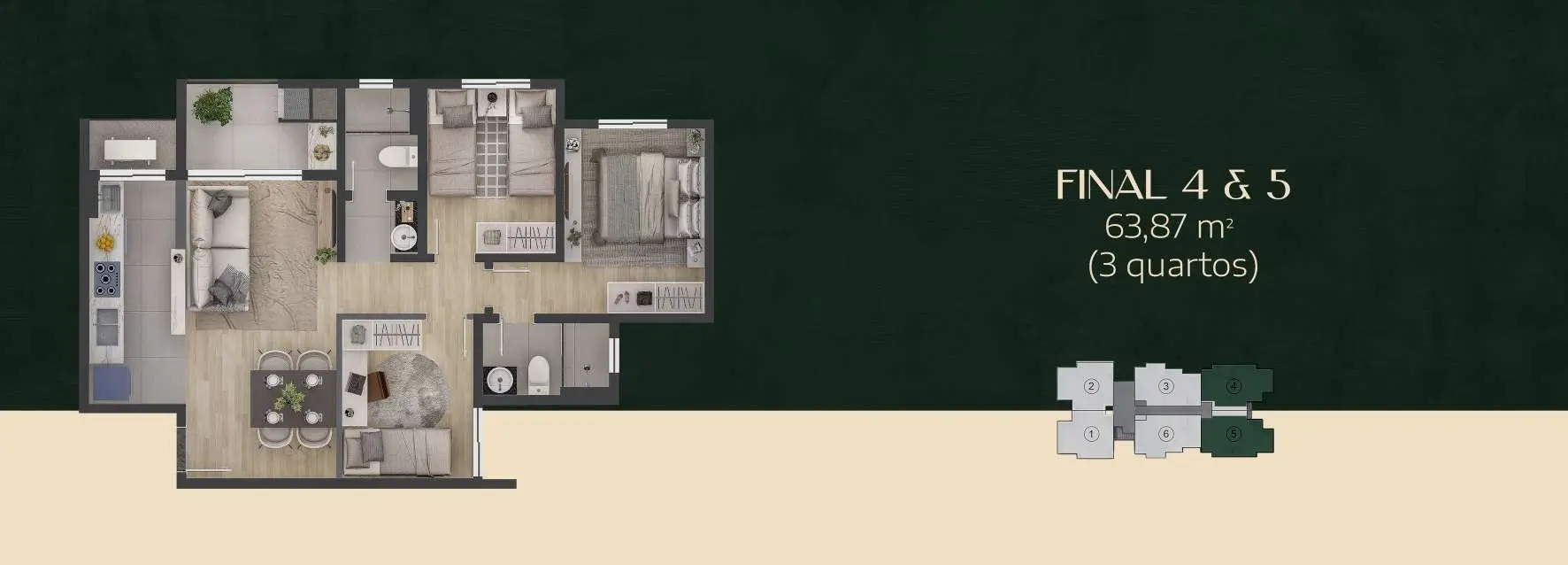 Planta: 3 quartos · 63,87 m²