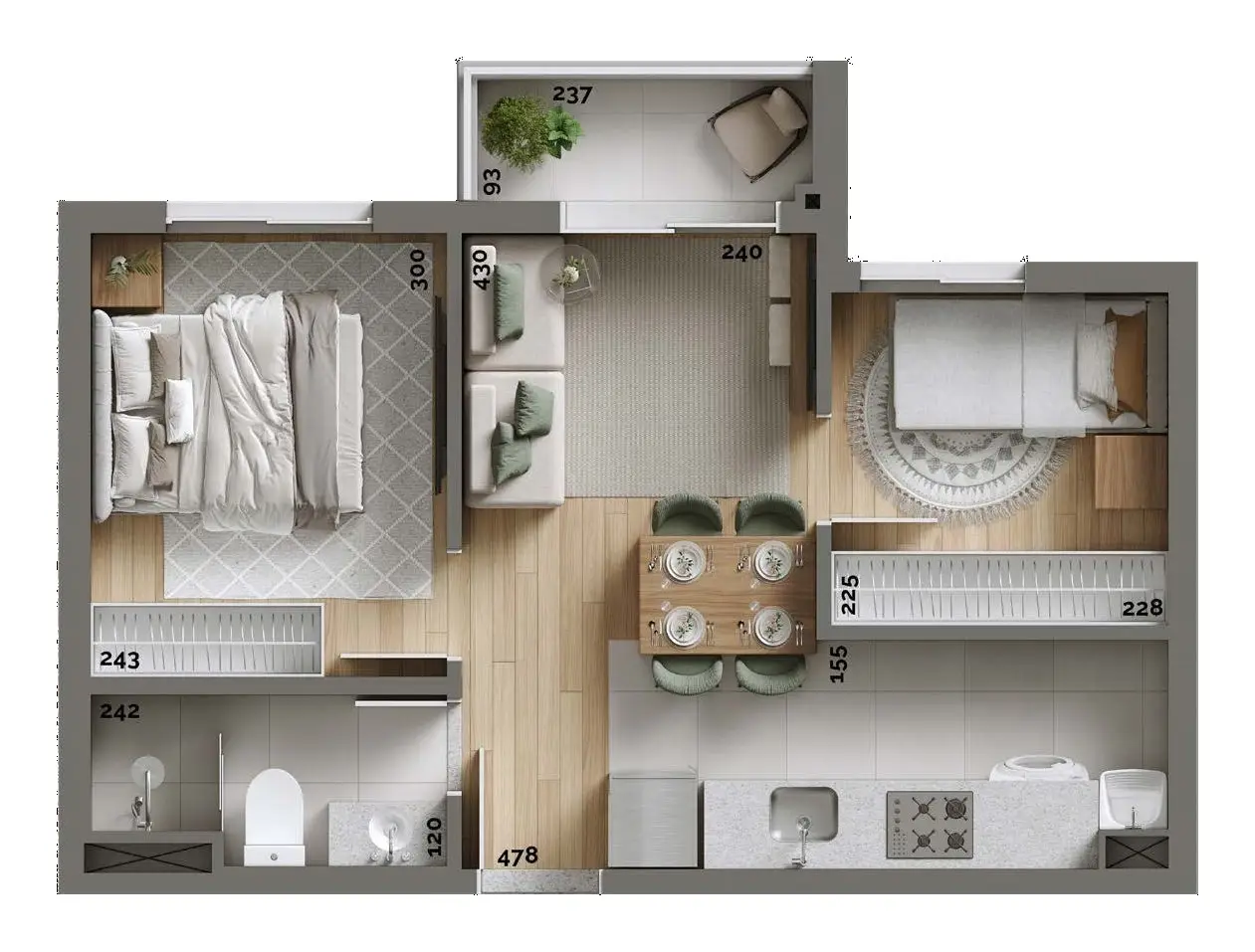 Planta: 2 quartos com suíte