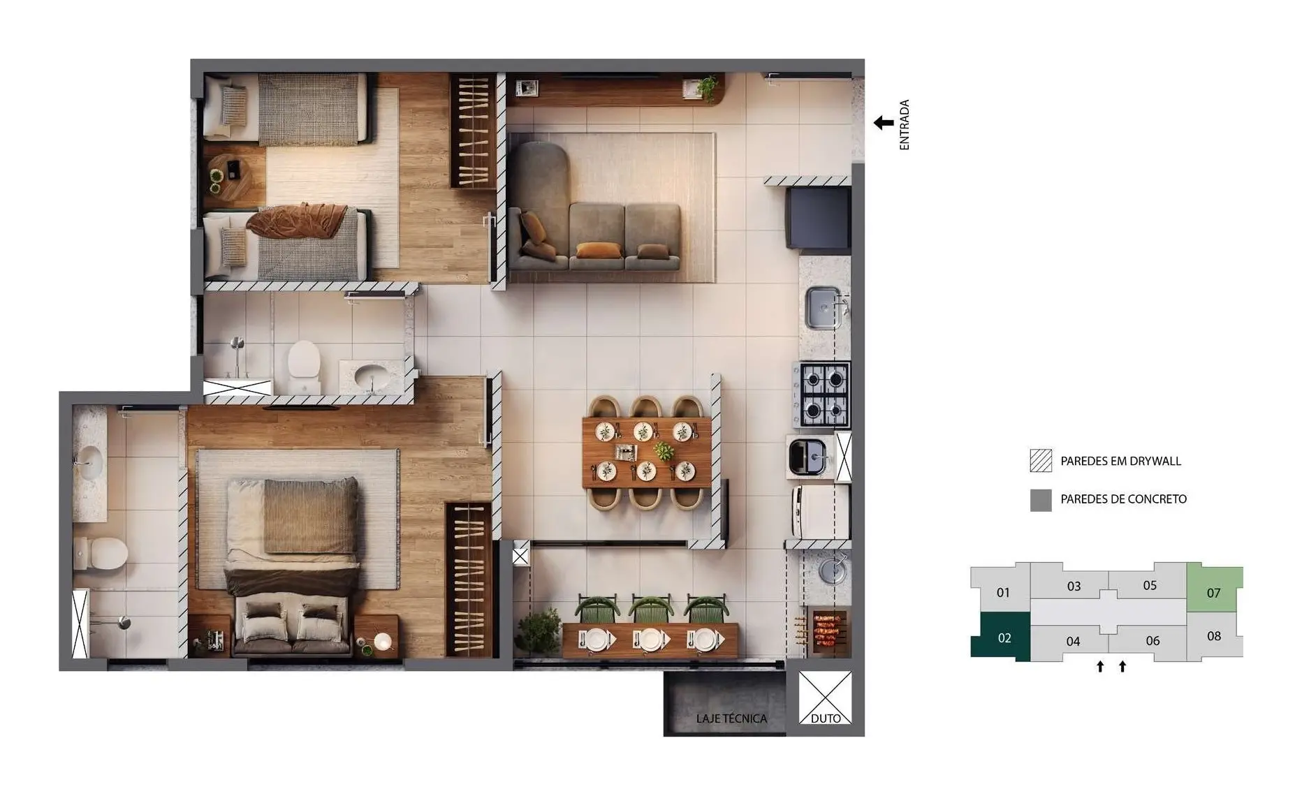 Planta: 2 quartos, sendo 1 suíte