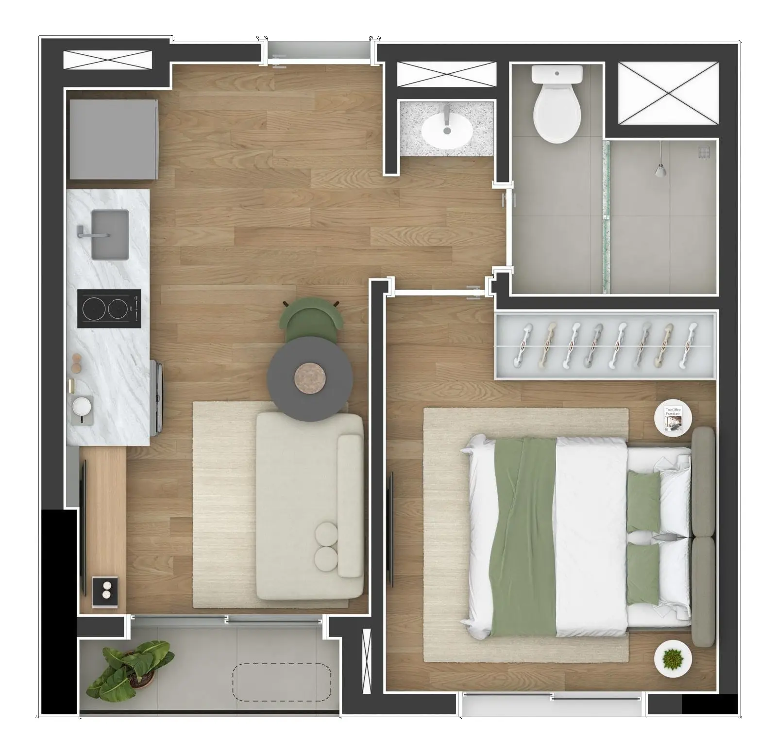 Planta: 1 quarto com home office
