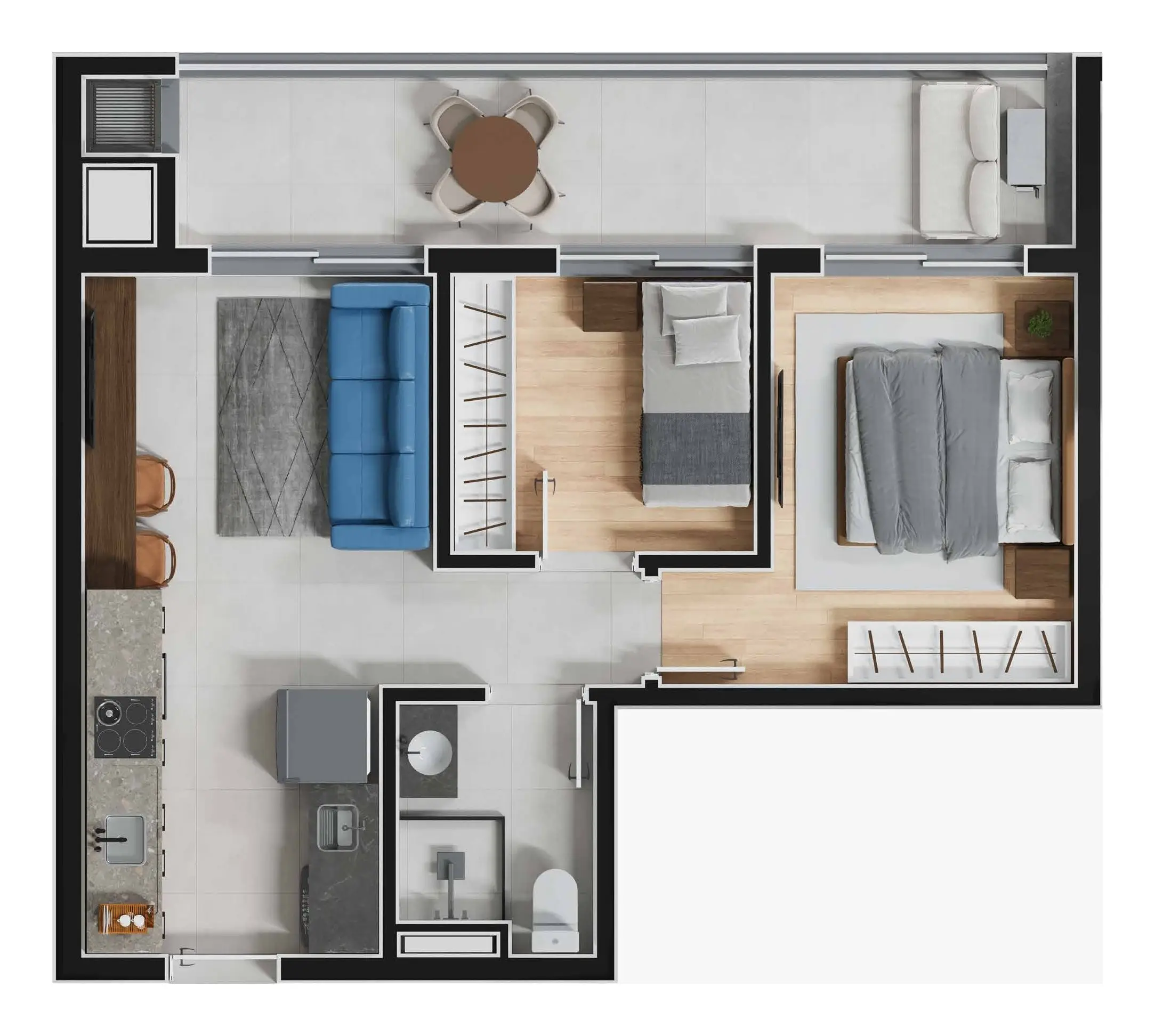 Planta: 2 quartos com suíte