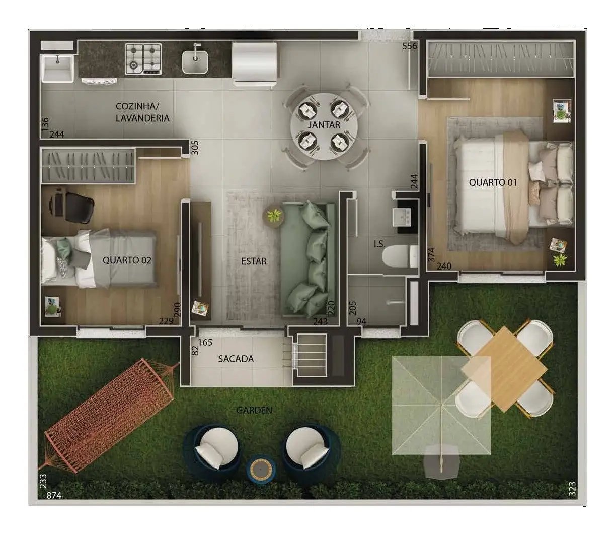 Planta: 2 quartos com garden